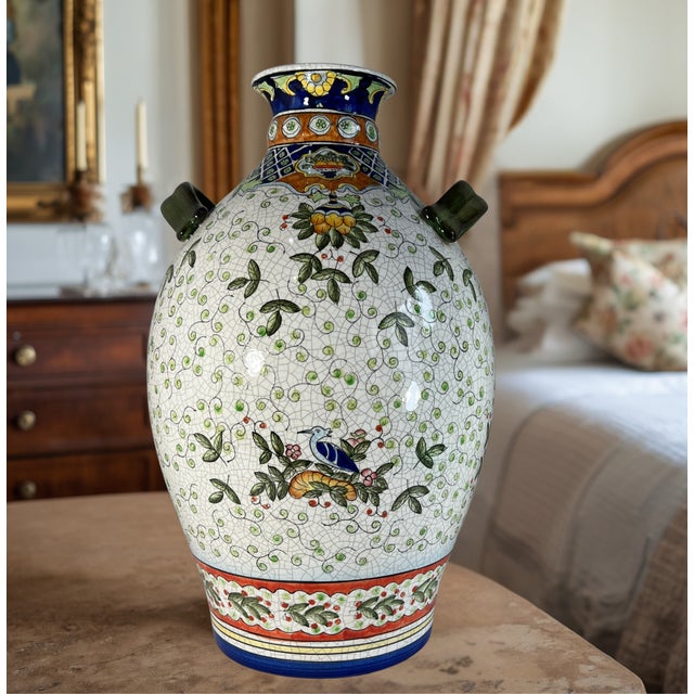 17+ In. Tall Chinese Jug Vase Stylized Blue Songbird, Fruit & Leaf Pattern For Sale - Image 12 of 18