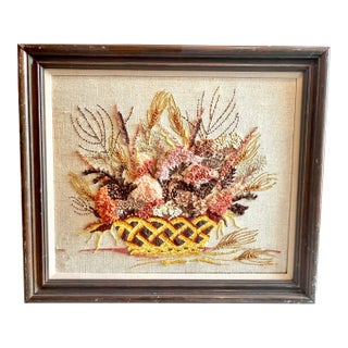Mid 20th Century Floral Crewel Embroidered Yarn Art, Framed For Sale