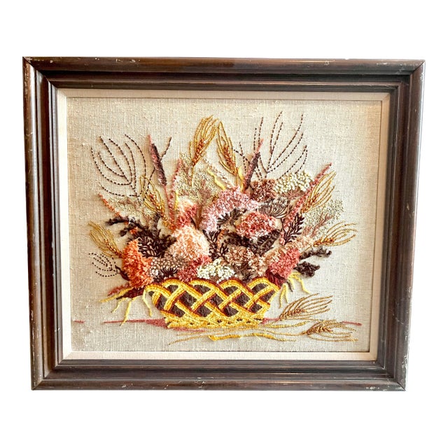 Mid 20th Century Floral Crewel Embroidered Yarn Art, Framed For Sale
