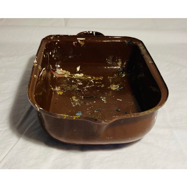 Industrial Vintage Enamelware Shallow Dish With Single Handle and Spout Small Feet at Bottom For Sale - Image 3 of 8