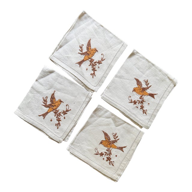 Vintage Fine Linen Luncheon Napkins, Embroidered Songbird Motif, Hemstitched Ivory Linen, C. 1940s–1950s - Set of Four For Sale