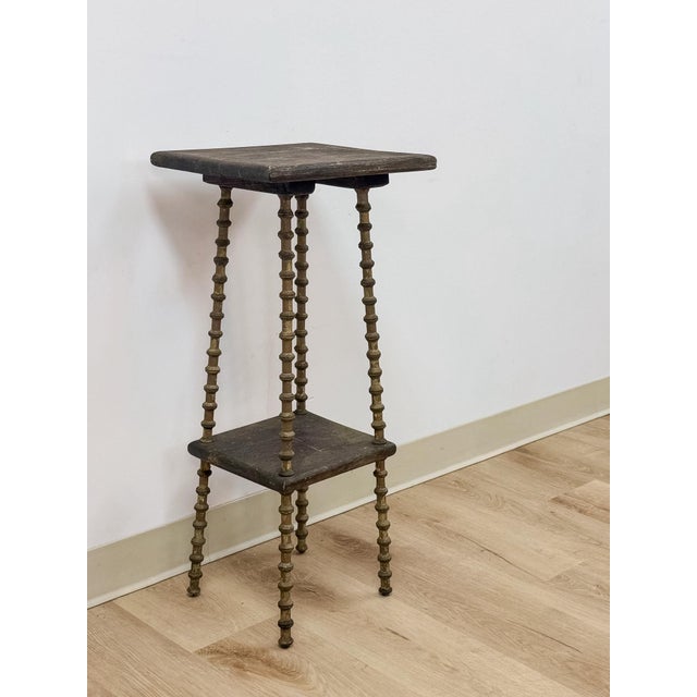 Petite Antique Spool Leg Side Table Two Tier Plant Stand, Pedestal, Wooden Top For Sale - Image 9 of 14