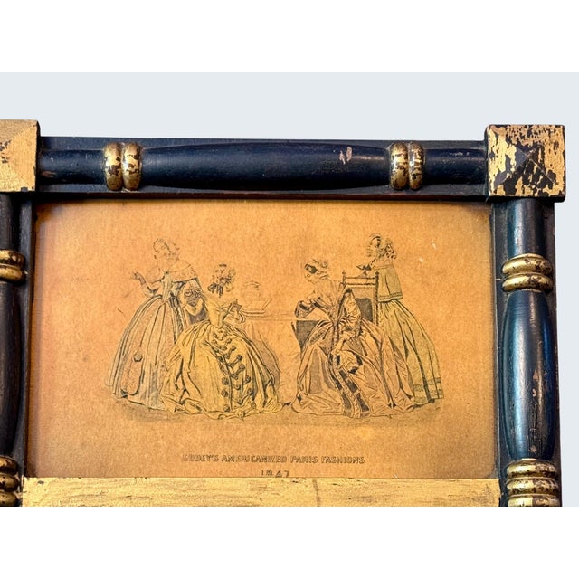 Antique Victorian Mirror Godey Fashion Print 1847-Black Gold Frame-Wall-Eastlake For Sale - Image 4 of 11