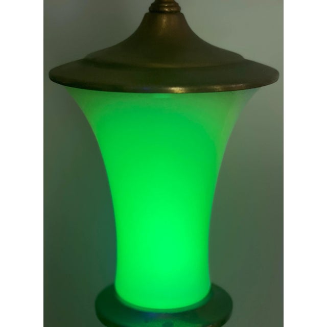 Mid 20th Century Paul Hansen Hollywood Regency Bronze Mounted Vaseline Glass Lamps, Pair For Sale - Image 9 of 12