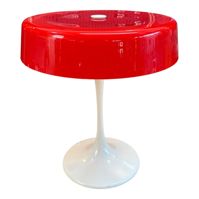 1960s Mod White Tulip Based + Red Glass Lamp by Temde of Switzerland For Sale