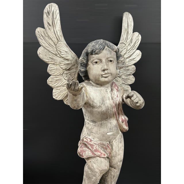 Vintage Hand Carved Wooden Standing Angel With Glass Eyes Sculpture For Sale In New York - Image 6 of 10