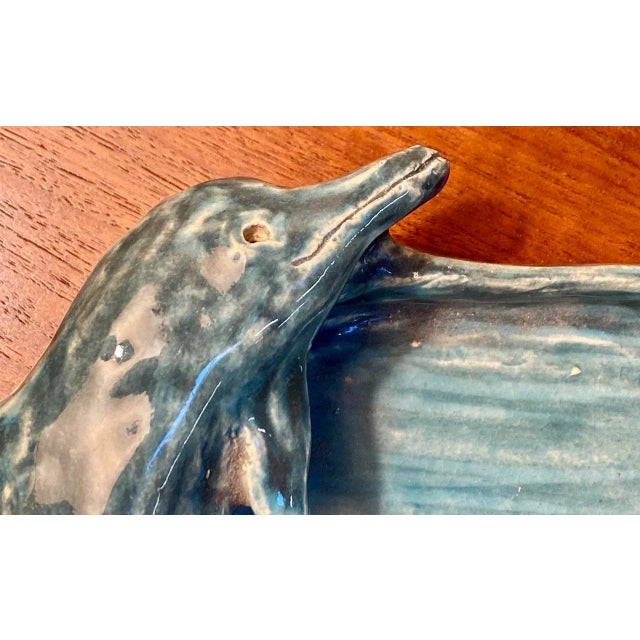Glazed Ceramic Blue Dolphin Soap Dish 20th c. Hand Crafted Soap Dish 7" Long x 6" Wide