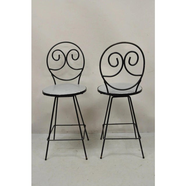 Mid 20th Century Modern Arthur Umanoff Style Wrought Iron Swivel Counter Bar Stool Pair For Sale - Image 10 of 12