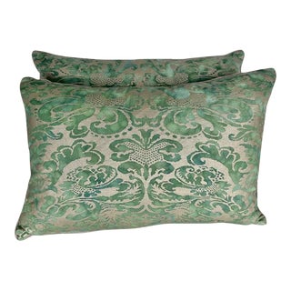 Pair of Custom Green & Gold Fortuny Pillows For Sale
