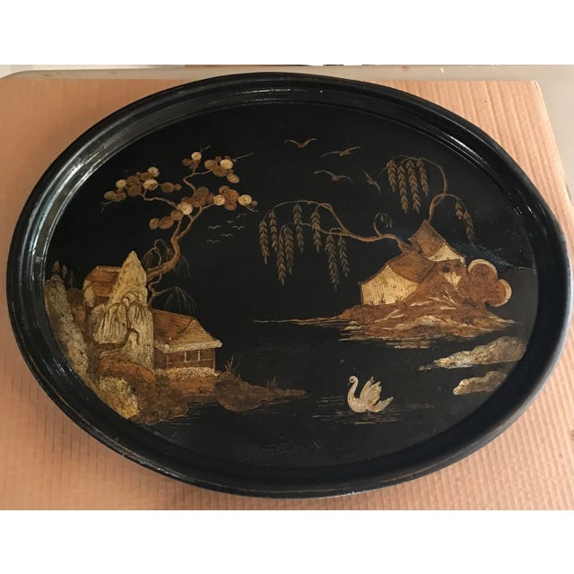 Antique Black Tole Chinoiserie Serving Tray For Sale - Image 10 of 12