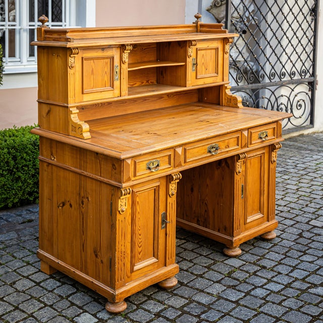 Impressive Gründerzeit writing desk in softwood, dating to the late 19th century. The lower section features three drawers...