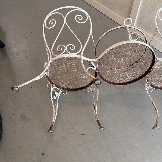 Metal Ornate Garden Bench Shabby Chic With Room for Table or Plant Vintage Painted White For Sale - Image 7 of 11