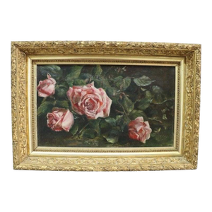 Oil on Canvas Floral Still Life Painting of Roses in Original Gilt Frame C1890