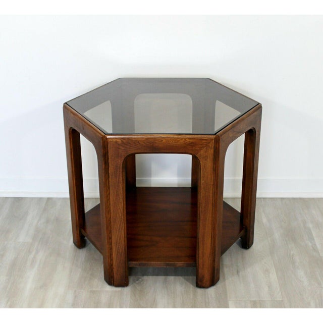 Mid Century Modern Lane Walnut & Smoked Glass Hexagonal Side End Table