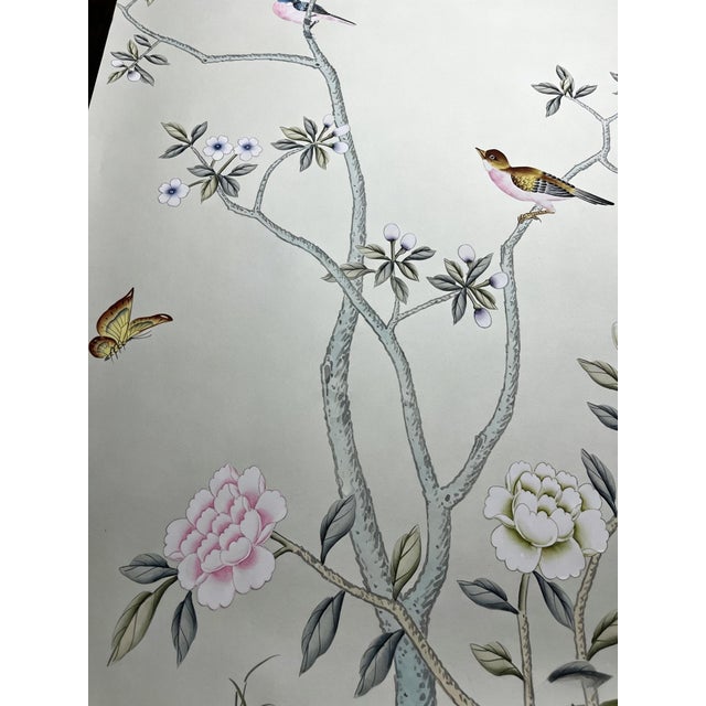 Hand-Painted Chinoiserie Bird & Blossom Wallpaper Panels – Elegant Floral Wall Mural, 3 Panels 36” X 96” For Sale - Image 4 of 6