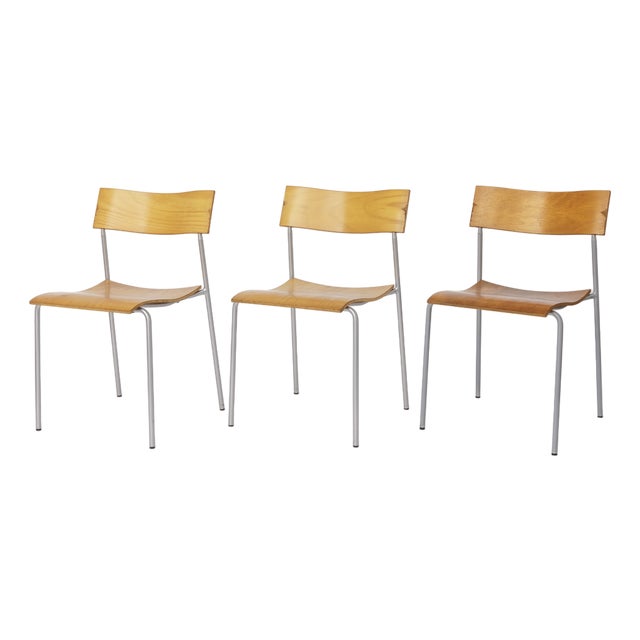 Mid-Century Swedish Campus Stacking Chairs in Metal and Beech Plywood from Lammhults, 1970s, Set of 6 For Sale