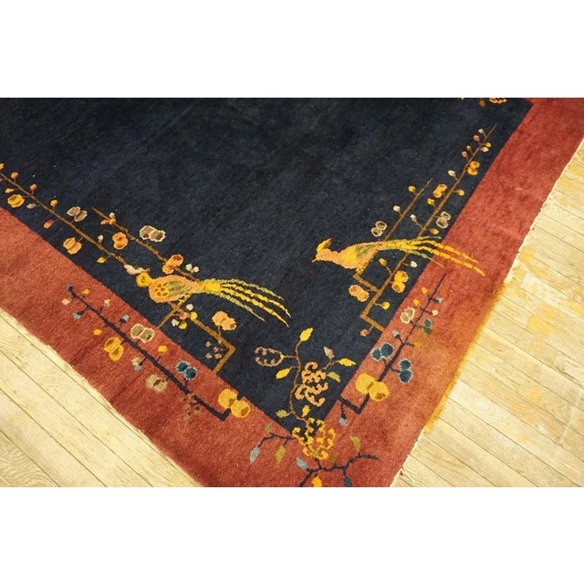 1920s Blue Navy Minimalist Bird Antique Chinese Art Deco Carpet 6' X 8'9" Knotted Wool Rug For Sale - Image 9 of 12