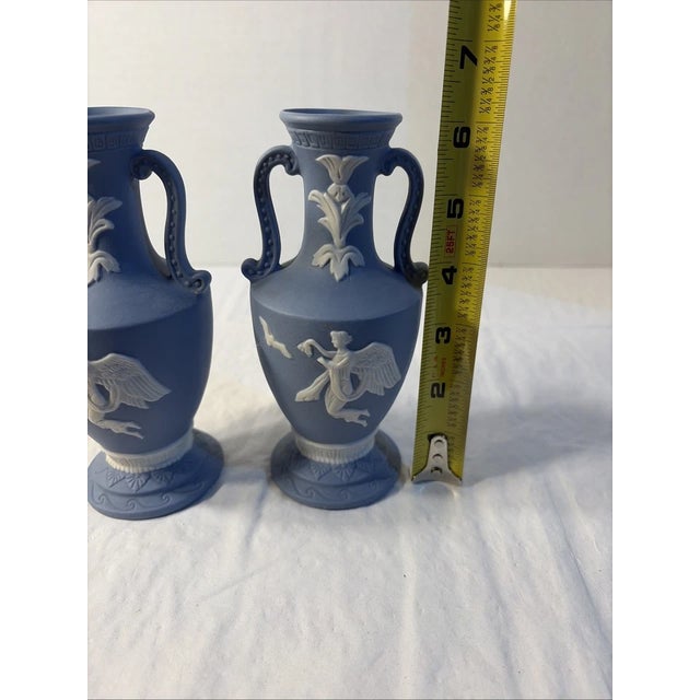 1990s Vintage Wedgwood Style-Jasperware-Angel & Dove-2 Handle Blue/White Vase For Sale - Image 5 of 7