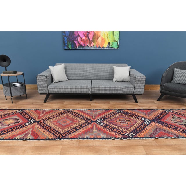 1970s Vintage Handmade Wool Cotton Red Runner Rug For Sale - Image 9 of 11