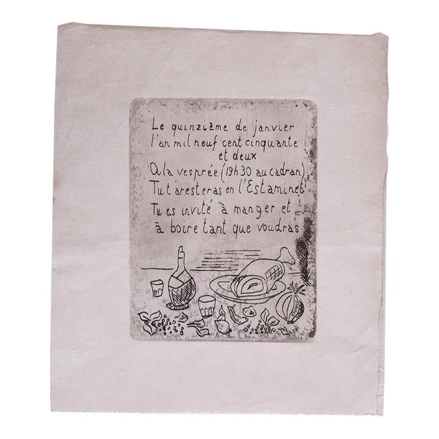 Unknown, Invitation, Etching, 1952 For Sale