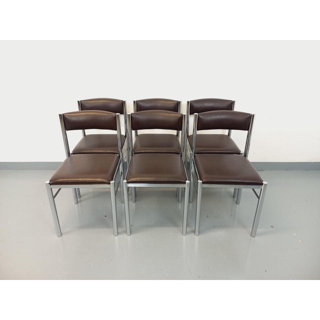 Vintage Chairs in Chromed Metal and Brown Imitation Leather, 1970s, Set of 6 For Sale - Image 17 of 18