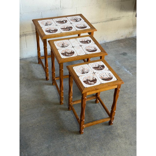 Oak Nesting Tables Set of 3 Ceramic Tile Top Accent End Side Tables Vintage 1970s For Sale - Image 4 of 9
