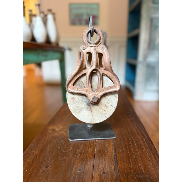 Industrial Collection of Three Antique Industrial Wood & Cast Iron Pulleys on Custom Display Stands For Sale - Image 3 of 5