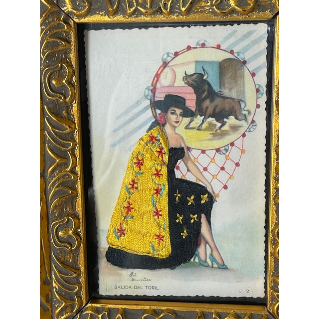 Spanish 1940s Spanish Embroidered Flamenco Dancer Postcard in Gold Frame For Sale - Image 3 of 5