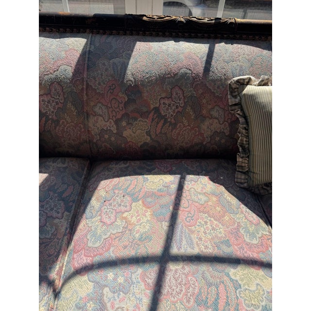 Traditional Duncan Phyfe Style Carved Sofa With Claw Feet and Rose Floral Damask For Sale - Image 3 of 6