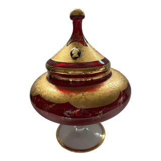 Italian-Style Ruby Red Art Glass Footed Compote With Lid For Sale