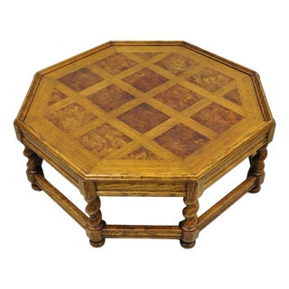 Vintage Baker Barley Twist Oak & Burlwood Parquetry Octagonal Coffee Table For Sale