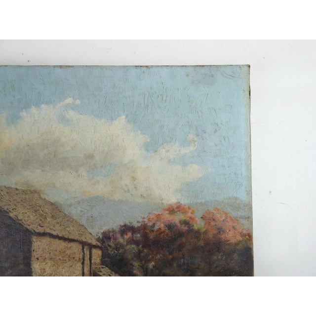 Antique Pastoral Landscape Stone Barn and Chickens Distressed Painting For Sale - Image 4 of 7