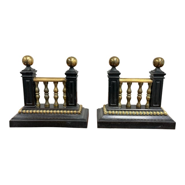 Antique Heavy Casted Iron + Brass Fire Dogs, Pair For Sale