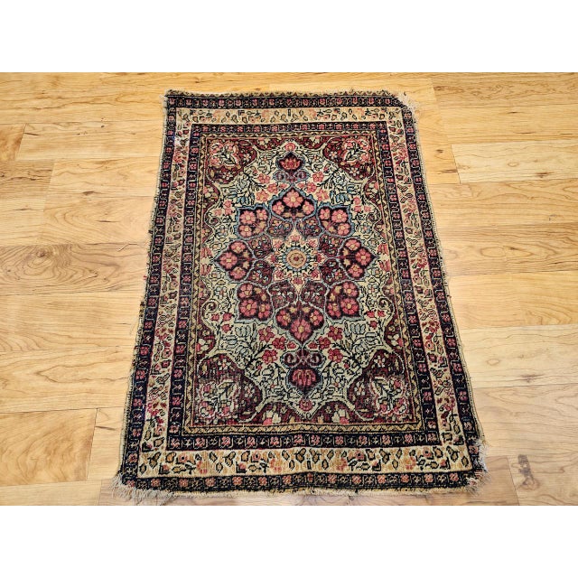 19th Century Kerman Lavar Rug, Hand-Knotted Wool, Floral Pattern, Ivory & Burgundy, 2x3 For Sale - Image 9 of 9
