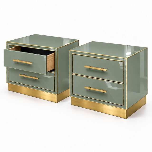 Contemporary Sage Green Murano Glass Nightstands with Brass Plinth from Justfurnituress SRL, Set of 2 For Sale - Image 3 of 9