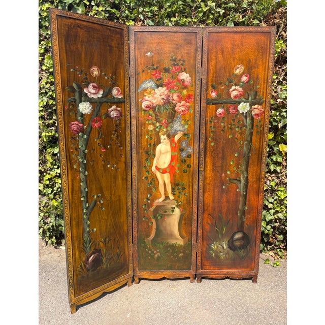 Antique Rococo French Three-Fold Hand-Painted Wood Romantic Cherub and Floral Room Divider, 1890s For Sale - Image 4 of 18