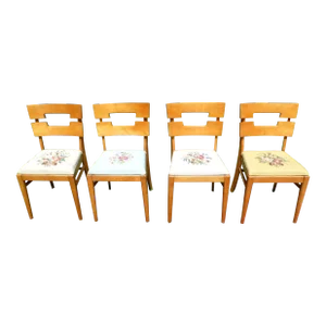 Vintage Set of 4 Mid Century Modern Temple Stuart Dining Chairs Needlepoint