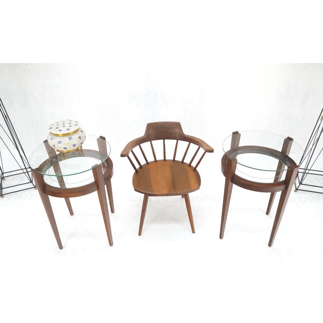 Transparent Pair Two Tier Glass Top Shelf Oiled Walnut Round End Side Occasional Table MINT For Sale - Image 8 of 9