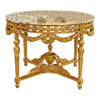 Grand French Louis XV Round Dining Table – Ornate Marble Top With Gold Leaf & Bronze Floral Ornamentation For Sale