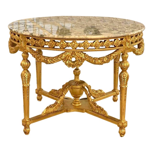 Grand French Louis XV Round Dining Table – Ornate Marble Top With Gold Leaf & Bronze Floral Ornamentation For Sale