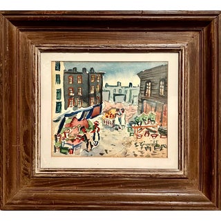 Samuel Grunvald, 1940's American WPA Modernist New York City Watercolor Painting Tenement Market, c.1940s For Sale