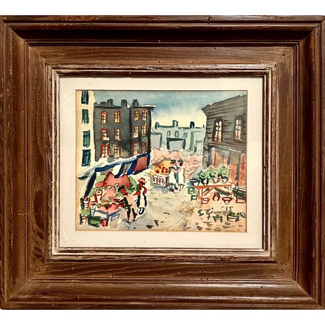 Samuel Grunvald, 1940's American WPA Modernist New York City Watercolor Painting Tenement Market, c.1940s For Sale