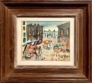 Samuel Grunvald, 1940's American WPA Modernist New York City Watercolor Painting Tenement Market, c.1940s