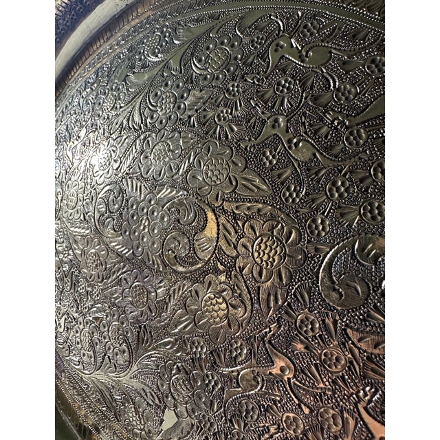 Glass Vintage 1940s Benares Hand-Chased Heavy Gauge Brass Valet Tray With Foliage & Animal Motifs For Sale - Image 7 of 12