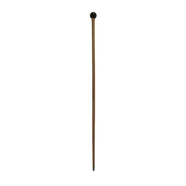 Vintage wood walking stick cane with lovely Tiger's Eye crystal ball know and engraved brass mount. Measures 37" long...