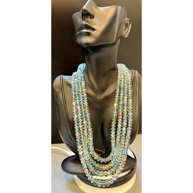 1000 Carat Natural Fine Aquamarine Bead Necklace, Four Strand in Metal Clasp For Sale - Image 4 of 18