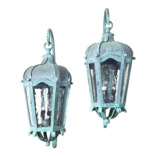Pair of Vintage Large Solid Brass Outdoor Wall Lanterns For Sale