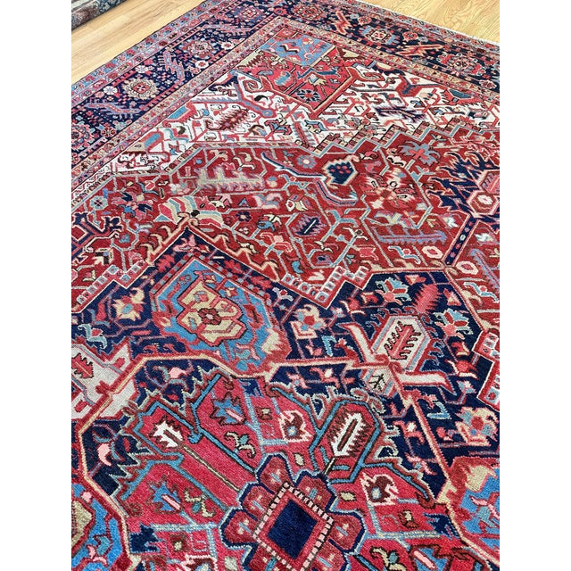 Antique Persian Heriz Carpet Handmade Wool Oriental Rug, Rusty/Red Field, Navy For Sale - Image 9 of 18