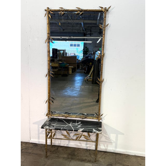 Italian Italian Gilt Bamboo Mirror With Black Marble Console and Leaf Motif, Mid-Century Design For Sale - Image 3 of 12