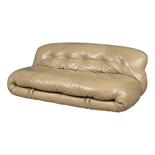 Italian Beige Soriana Leather Sofa by Tobia Scarpa for Cassina, 1980 For Sale